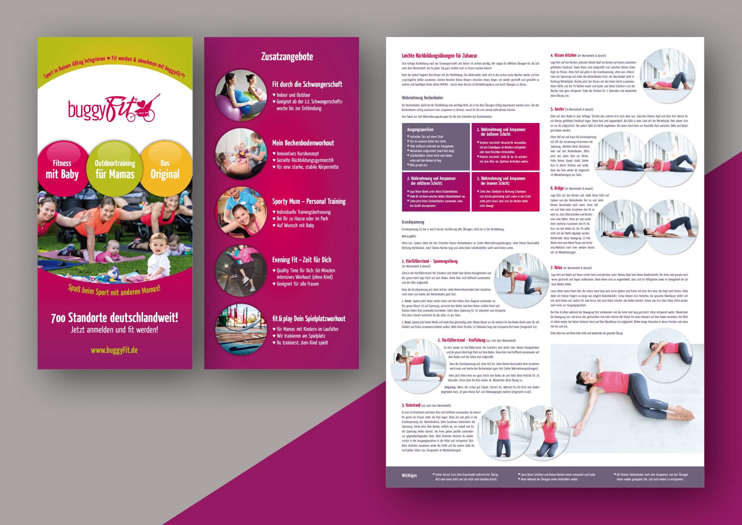 Flyer-Design für buggyFit: Krankenkassenzertifizierte Kurse für Mütter wie Sendling Westpark, Fürstenried & Forstenried, inklusive Fitness mit Baby, Outdoortraining und Zusatzangebote wie Schwangerschaftsfitness, Beckenbodenworkout, Personal Training und Spielplatzworkout