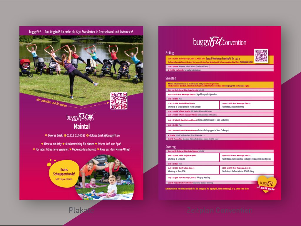 lyer-Design für die buggyFit Convention in Maintal: Programmübersicht für Freitag, Samstag und Sonntag mit Workshops, Outdoortraining, Abendessen, Kinderbetreuung und Schnupperstunden für Fitness mit Baby, inklusive Zeitplan, QR-Codes für Anmeldung und Kontaktinformationen