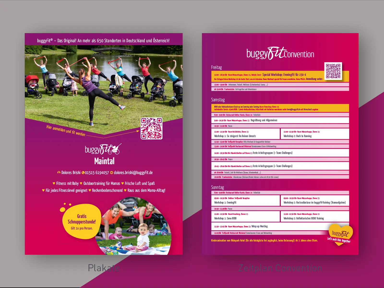 lyer-Design für die buggyFit Convention in Maintal: Programmübersicht für Freitag, Samstag und Sonntag mit Workshops, Outdoortraining, Abendessen, Kinderbetreuung und Schnupperstunden für Fitness mit Baby, inklusive Zeitplan, QR-Codes für Anmeldung und Kontaktinformationen