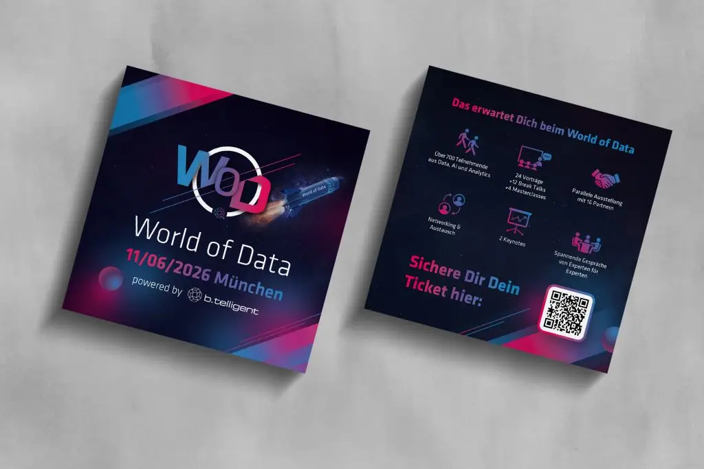Flyer für die World of Data 2026: Vorderseite zeigt Datum (11/06/2026) und Ort (München), Rückseite listet Programm-Highlights (über 700 Teilnehmer, 24 Vorträge, Networking) und enthält einen QR-Code für den Ticketkauf.
