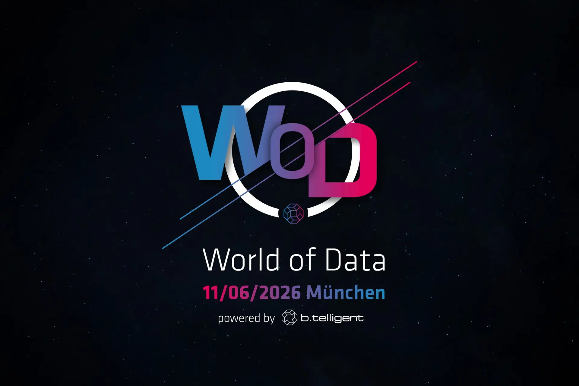 Offizielles Logo der World of Data 2026: Enthält Datum (11/06/2026) und Ort (München). Futuristisches Design mit den Buchstaben "WOD" und dem Slogan "World of Data".