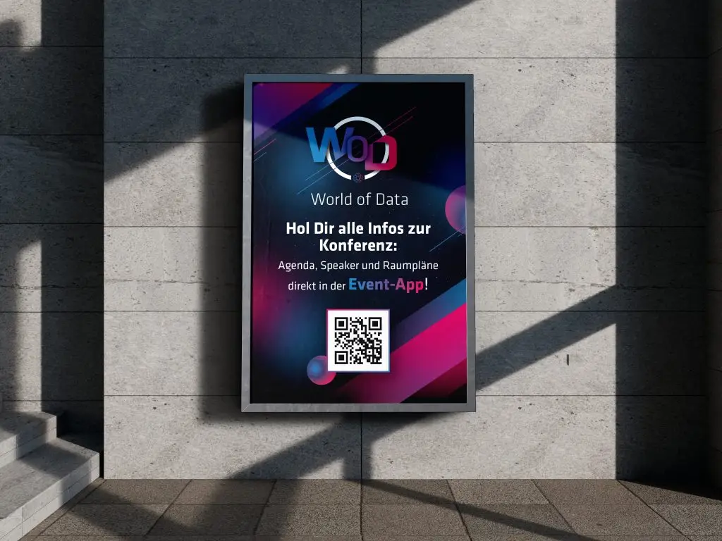 Poster zur World of Data Konferenz: Agenda, Speaker und Raumpläne in der Event-App abrufbar.