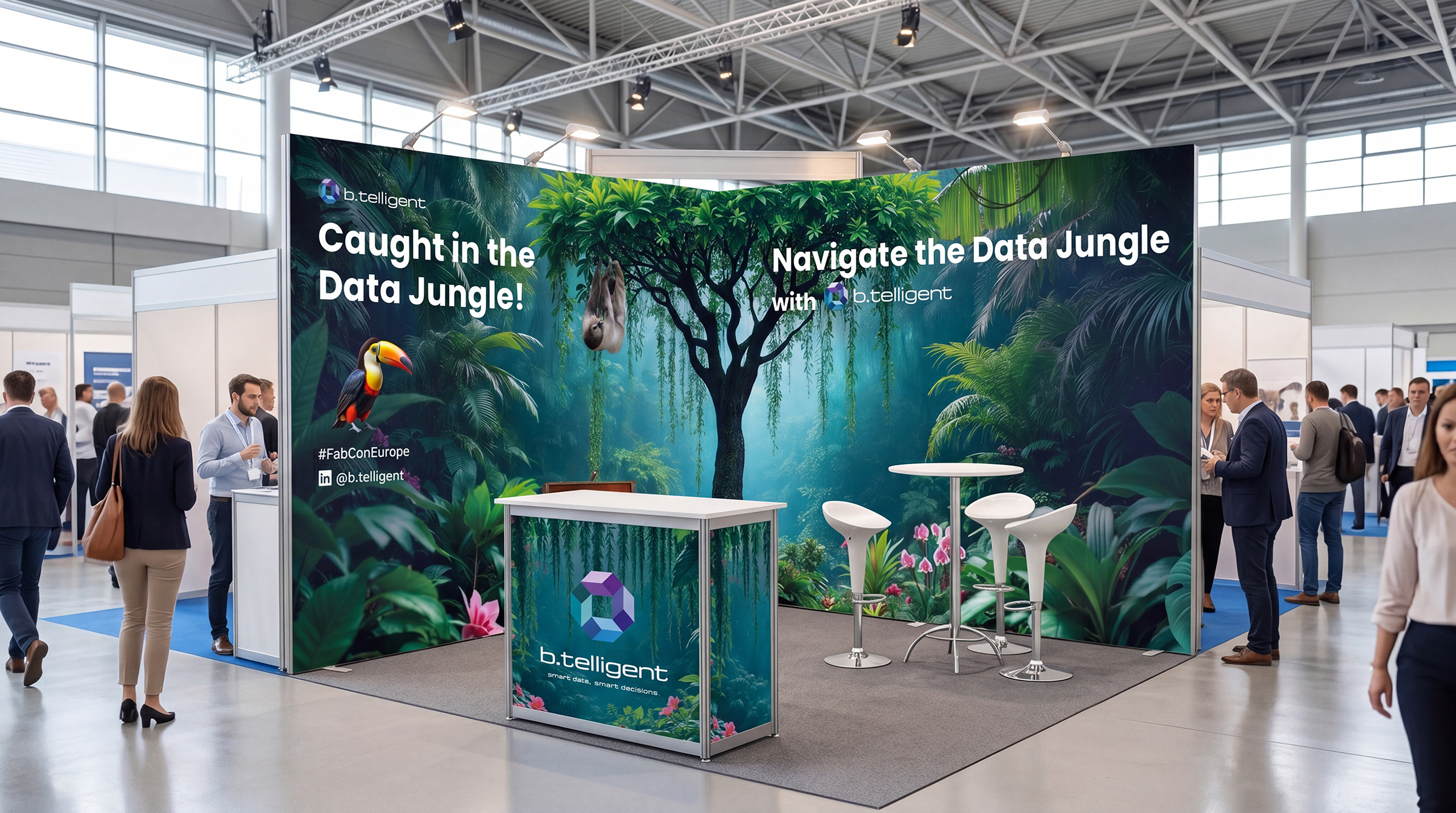 Messestand von b.telligent auf der FabCon 2025 mit KI-generiertem Dschungel-Design: Zwei Berater im Gespräch an einem Stehtisch vor einer großflächigen, grünen Dschungelwand mit dem Slogan 'Navigate the Data Jungle with b.telligent'. Im Hintergrund Messebesucher in hell erleuchteter Halle."