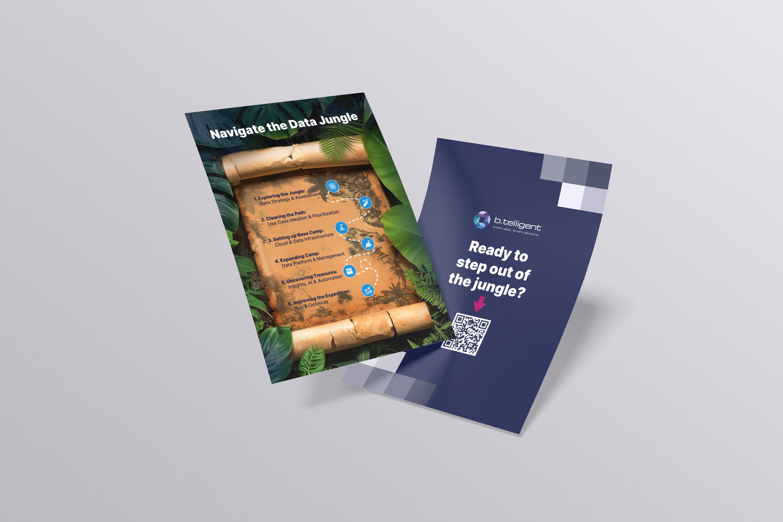 "FabCon 2025-Flyer von b.telligent mit KI-generierter Dschungel-Visualisierung: Links eine aufgerollte Karte mit dem Titel 'Navigate the Data Jungle' und sechs Schritten zur Datenstrategie, rechts ein dunkles Cover mit der Frage 'Ready to step out of the jungle?' und QR-Code. Das Design verbindet Abenteuer-Metaphern mit moderner Datenexpertise."