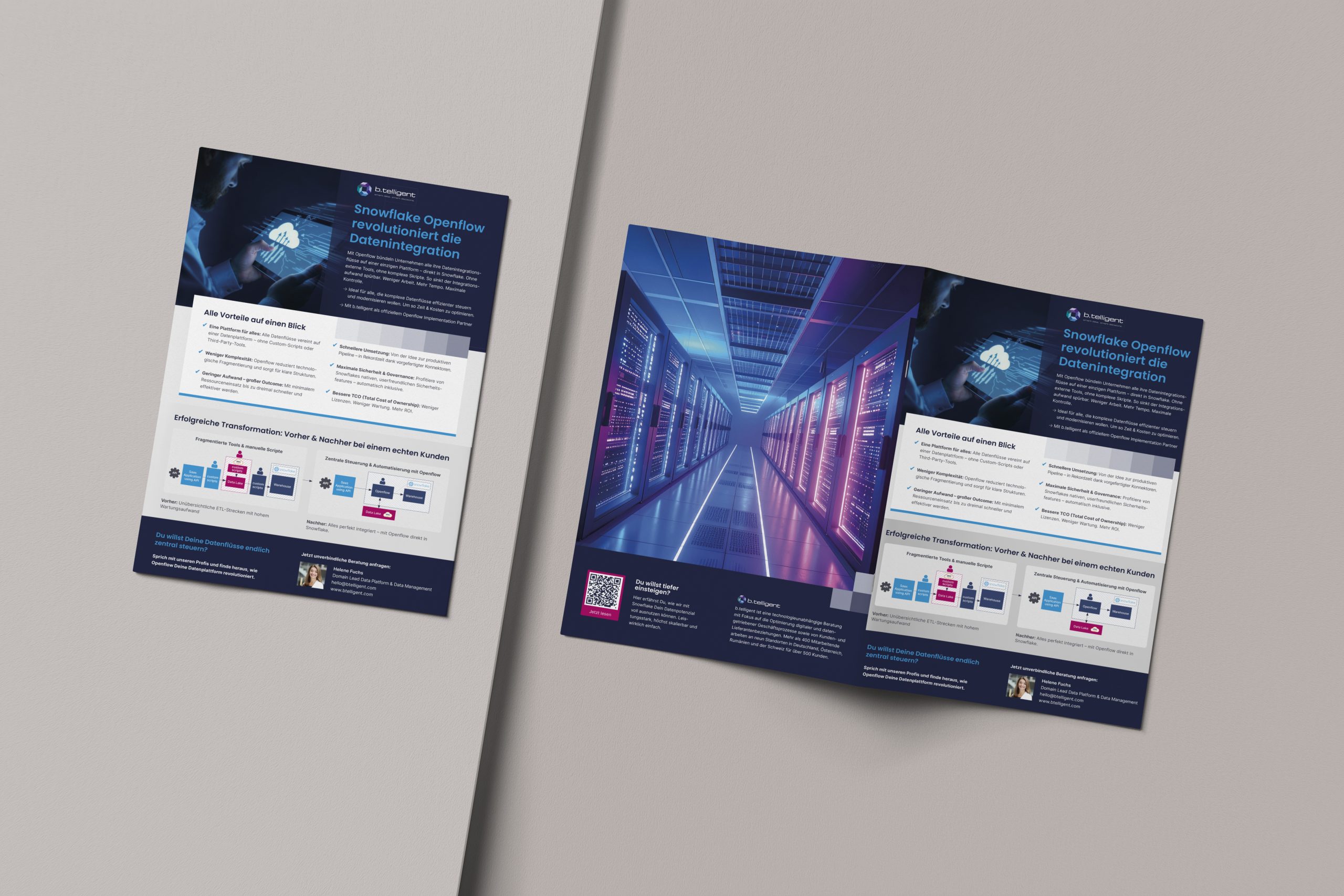 Flyer ‚Snowflake Openflow revolutioniert die Datenintegration‘ für b.telligent: Doppelseitiges Design mit Serverraum-Motiv, Vorteilslisten, Transformationsprozess und QR-Code. Entworfen von Rebekka Markert, Grafikdesigner:in für ansprechende Tech-Kommunikation.“
