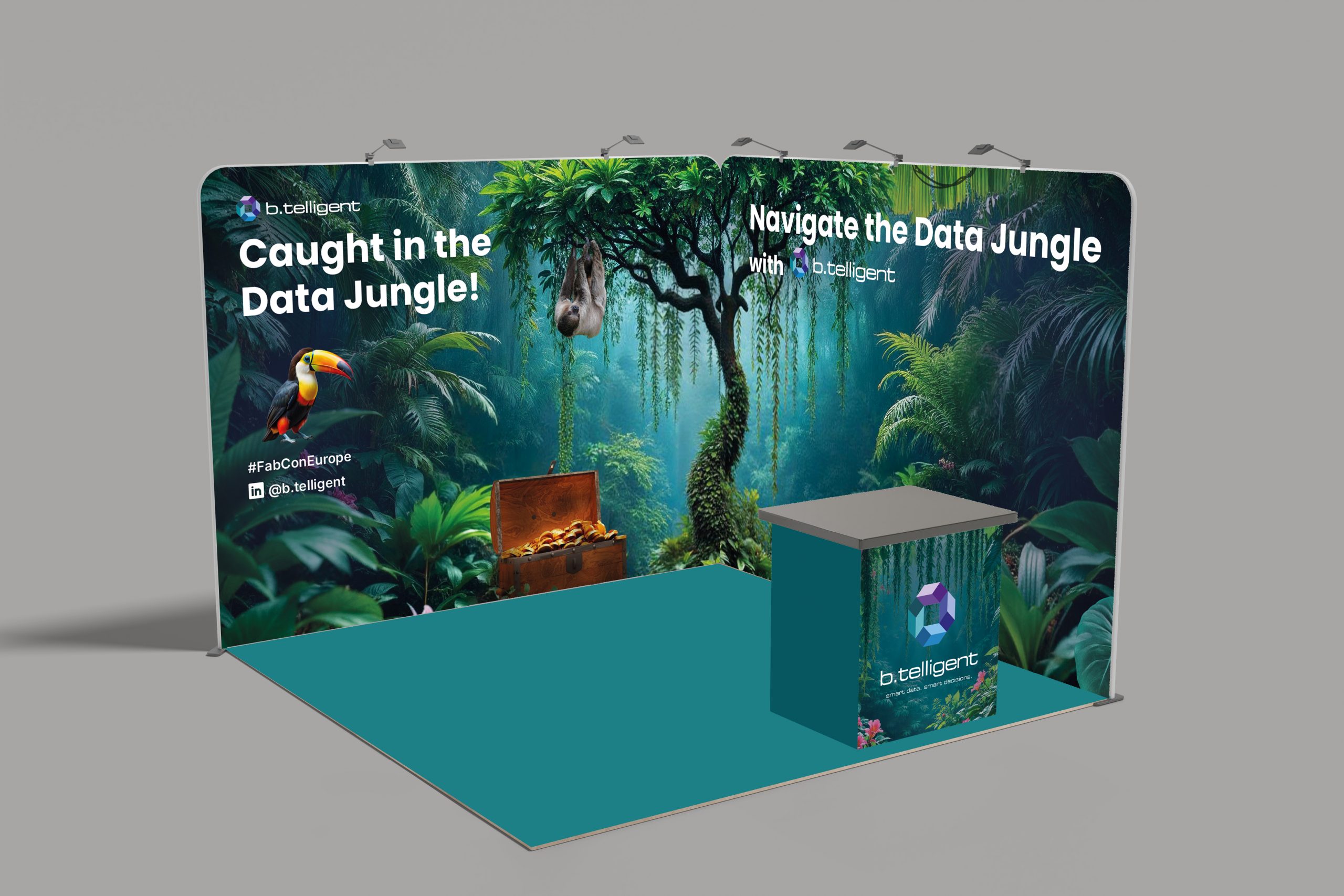Messestand-Design ‚Caught in the Data Jungle‘ für b.telligent auf der FabCon Europe: Dschungel-Metapher mit Tukan, Faultier, Schatztruhe und dem Slogan ‚Navigate the Data Jungle with b.telligent‘. Entworfen von Rebekka Markert, Grafikdesigner:in für kreative Messeauftritte.