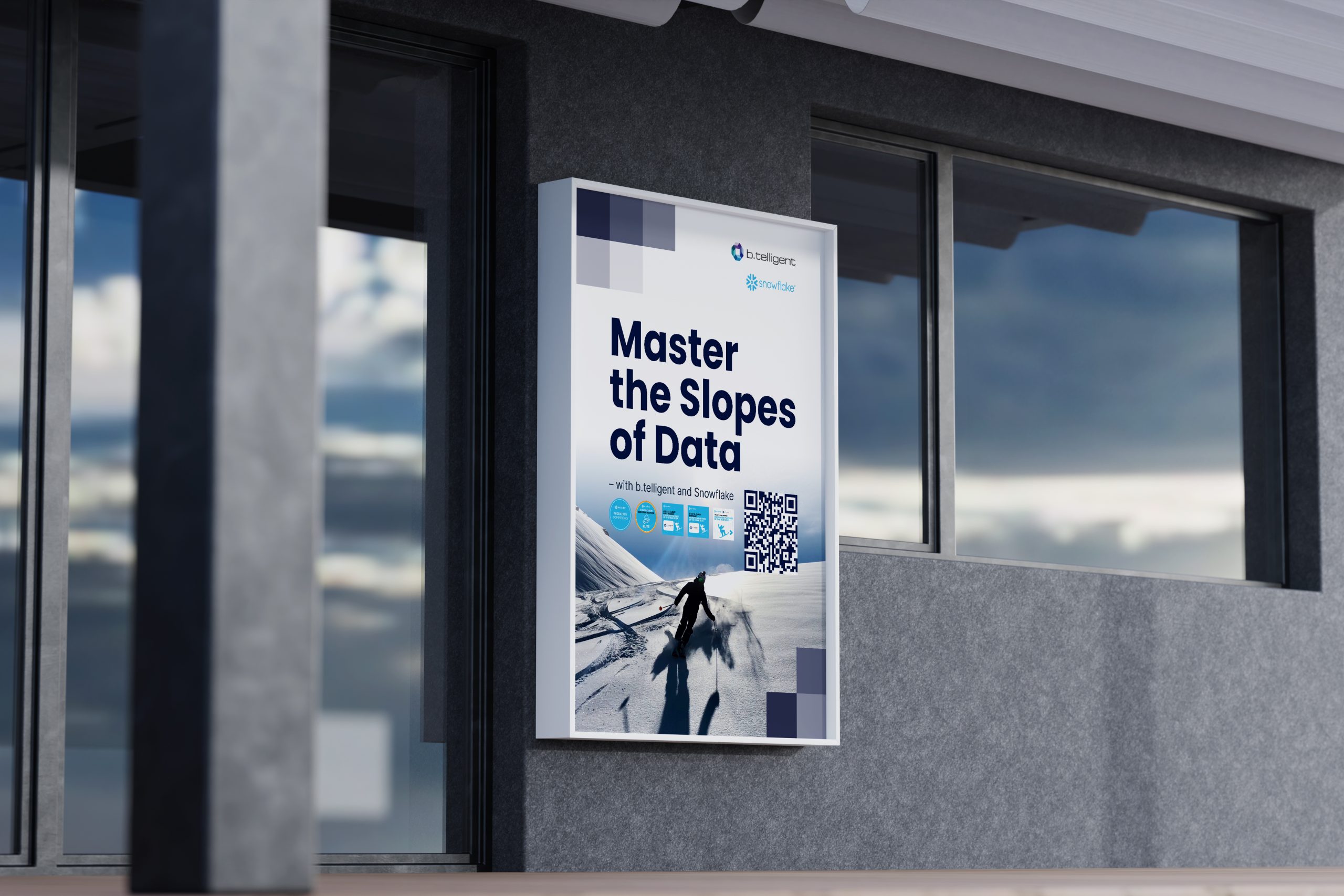 Poster ‚Master the Slopes of Data‘ für b.telligent und Snowflake: Skifahrer-Metapher mit Datenvisualisierung, Partner-Logos und QR-Code für weitere Infos. Entworfen von Rebekka Markert, Grafikdesigner:in für kreative Tech-Kommunikation