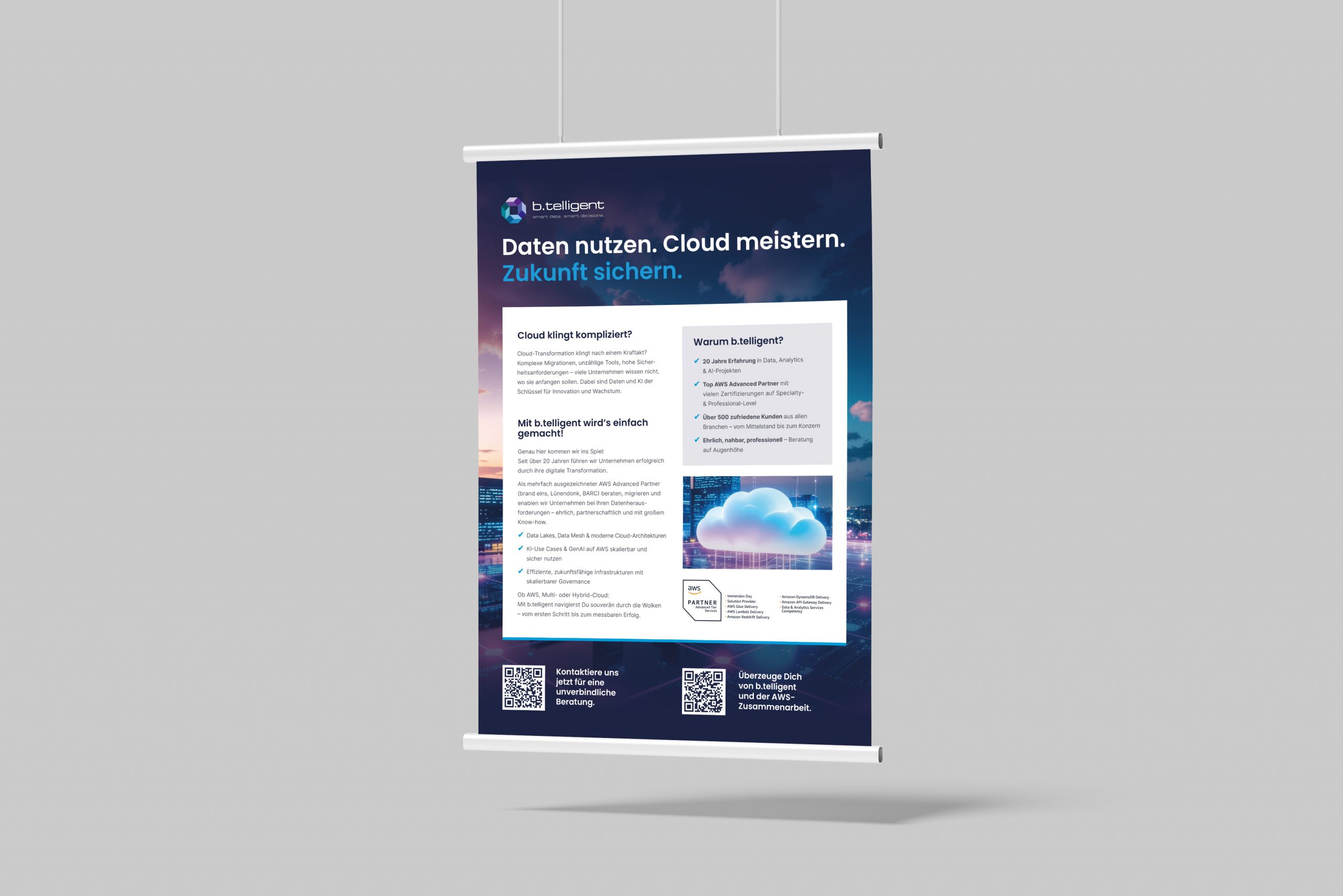 AWS Advanced Partner-Poster für b.telligent mit Zertifizierungs-Badges, Cloud-Grafik und Infoboxen zu Datenlösungen, KI und skalierbaren Architekturen. Entworfen von Rebekka Markert, Grafikdesigner:in für klare Kommunikation komplexer Tech-Themen.