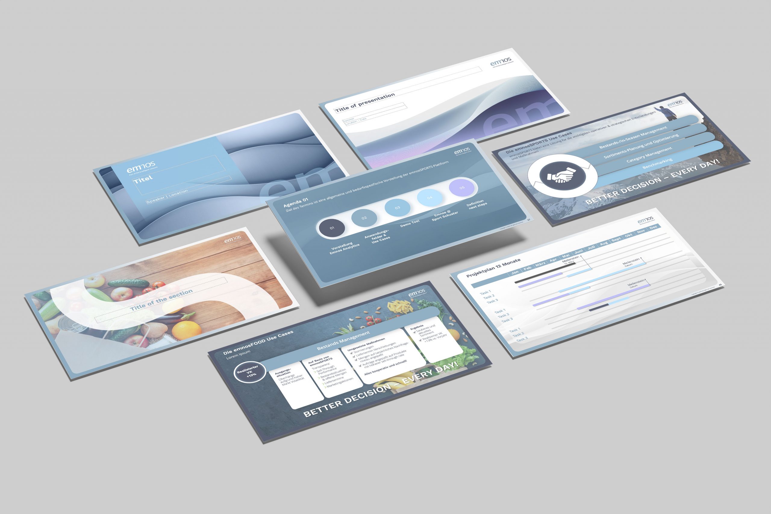 Präsentations-Design für emnos: Übersicht verschiedener PowerPoint-Folien-Layouts mit Infografiken, Projektplänen und Titel-Folien in Blau und Grau.